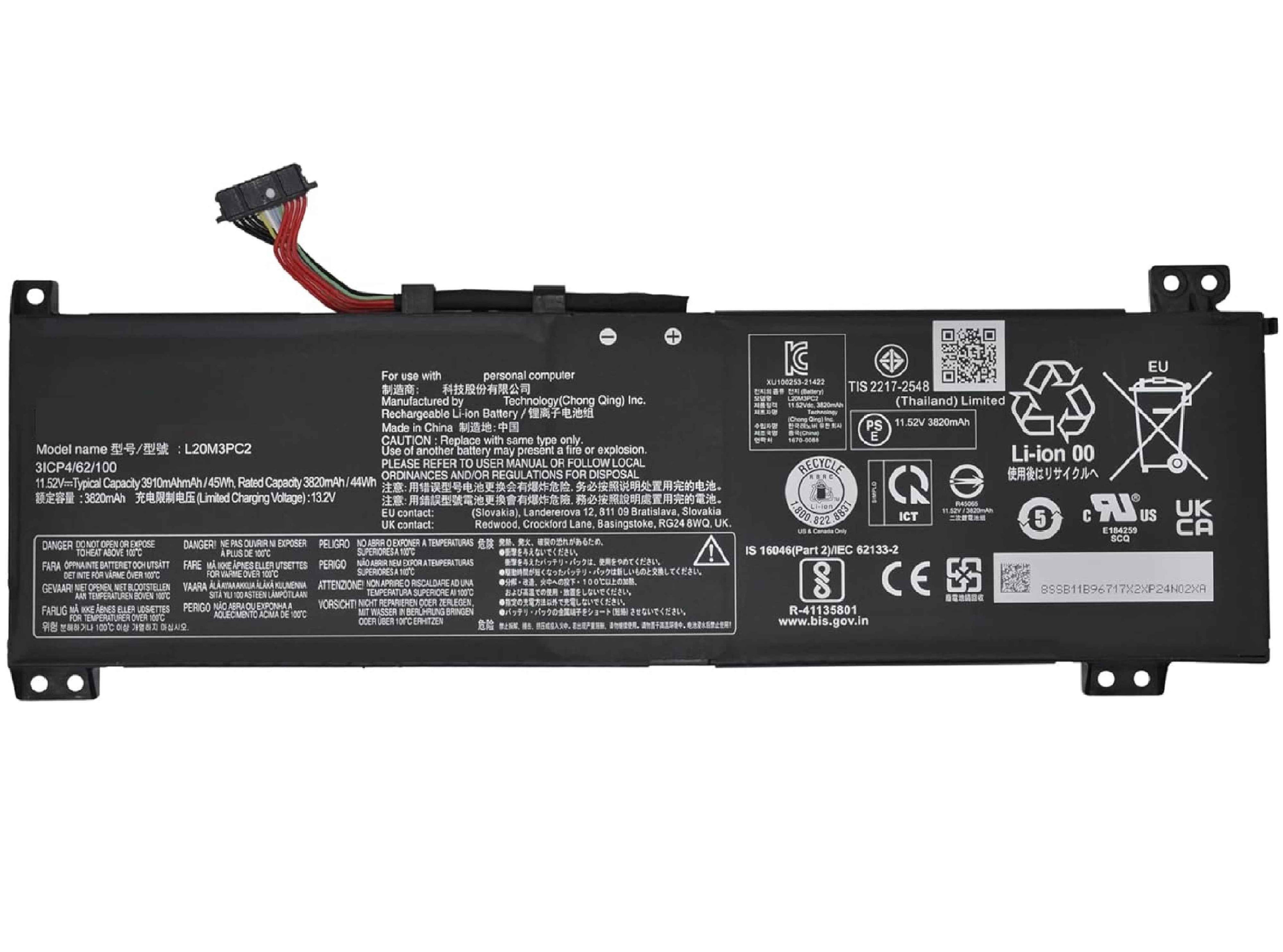 L20C3PC2 L20D3PC2 L20M3PC2 Laptop Battery for Lenovo Ideapad Gaming 3i 3-15ACH6 82K1 Model 82K20015US 82K200UTUS 3-15IHU6 82K2 5-15ITH6H Series 5B11B96715 SB11B96717 5B11B96718 5B11B96719 11.52V 45Wh Laptop Batteries JS Bazar