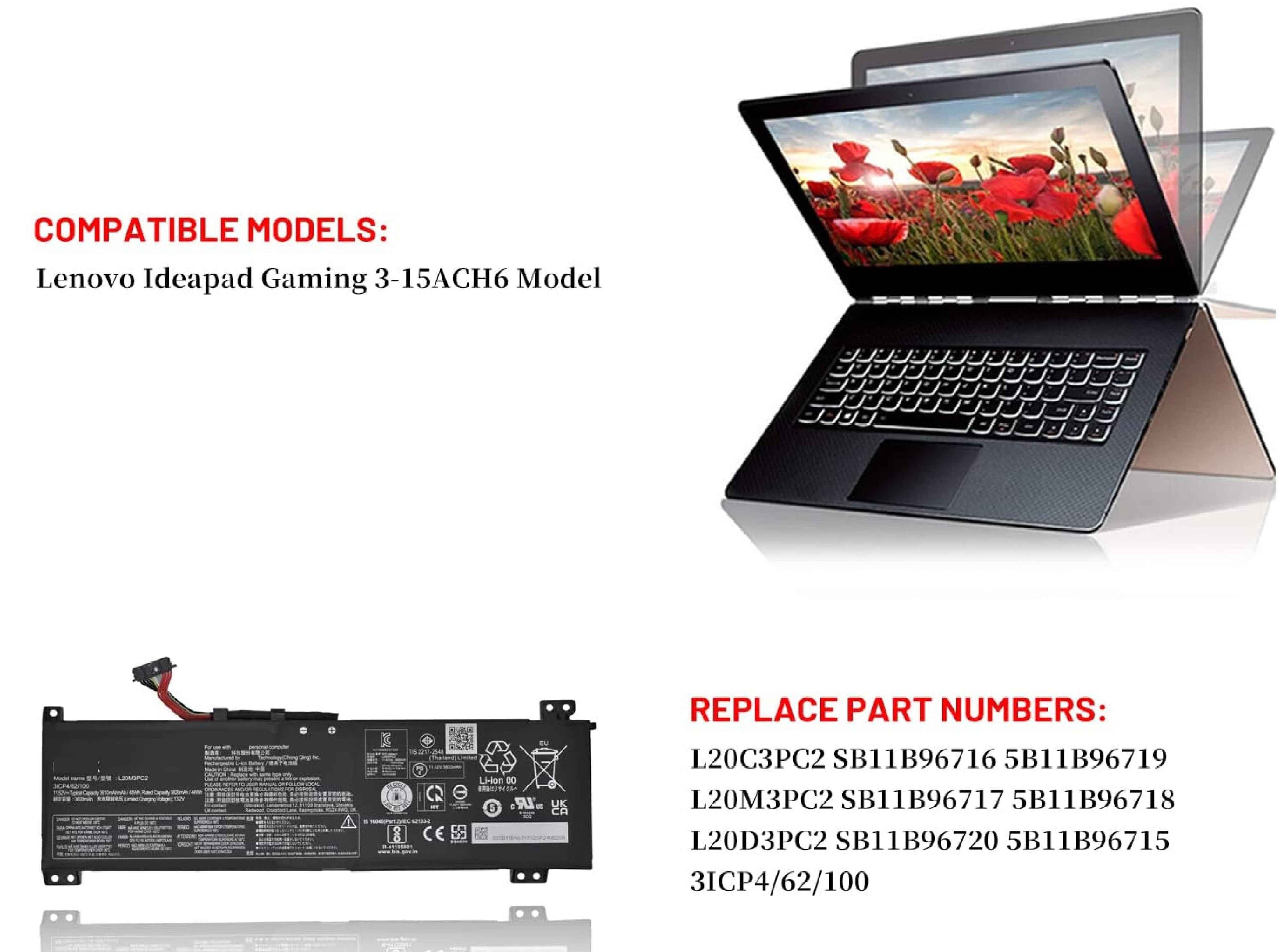 L20C3PC2 L20D3PC2 L20M3PC2 Laptop Battery for Lenovo Ideapad Gaming 3i 3-15ACH6 82K1 Model 82K20015US 82K200UTUS 3-15IHU6 82K2 5-15ITH6H Series 5B11B96715 SB11B96717 5B11B96718 5B11B96719 11.52V 45Wh Laptop Batteries JS Bazar