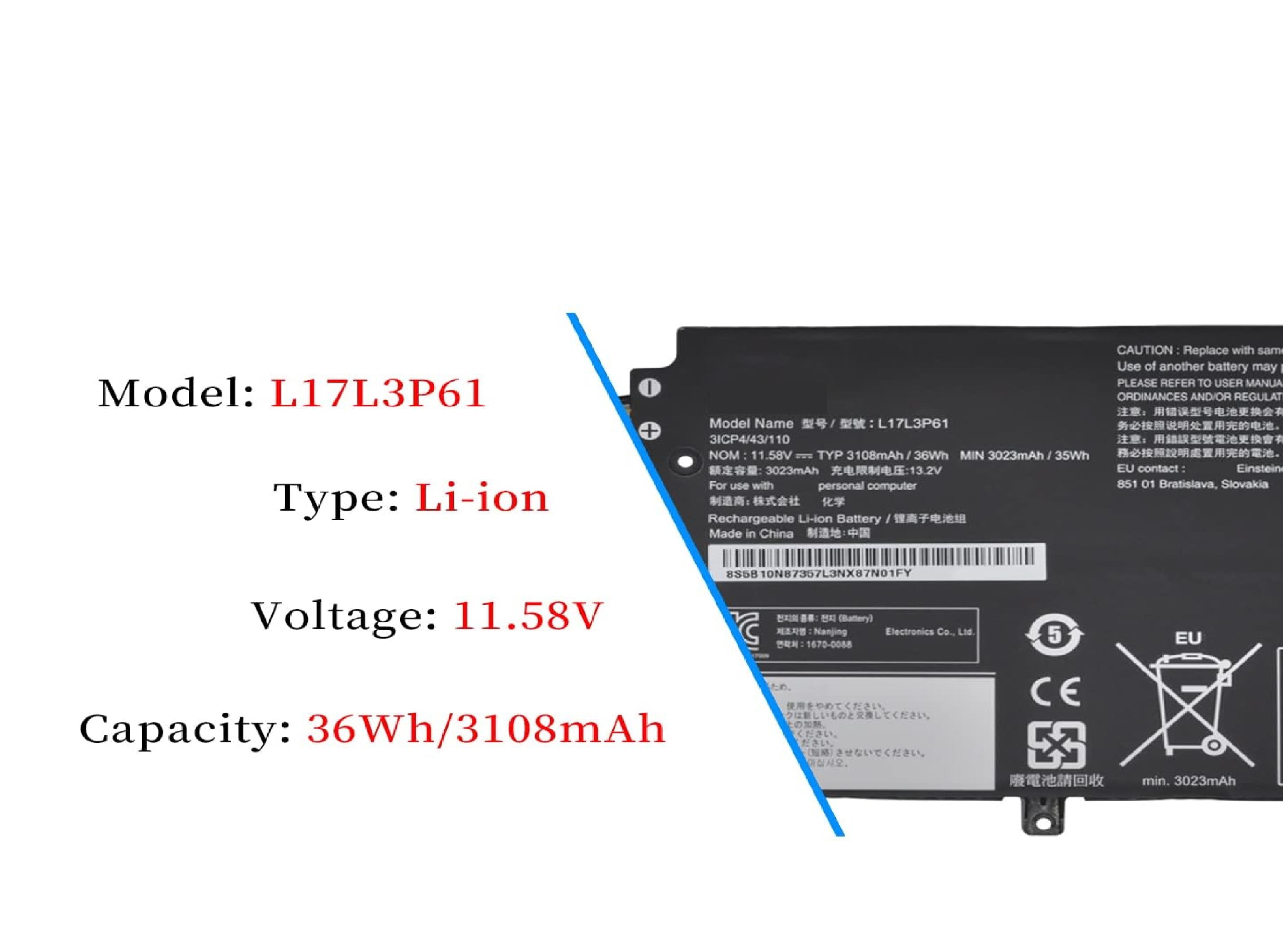 L17L3P61 L17M3P61 L17C3P61 Laptop Battery for Lenovo IdeaPad 320S-13IKB Yoga 330-11IGM 720-12IKB Flex 6-11IGM Xiaoxin 7000-13 V330S-13IKB Series 5B10N87357 5B10N87358 5B10N87359 11.58V 36Wh (Type A) Laptop Batteries JS Bazar