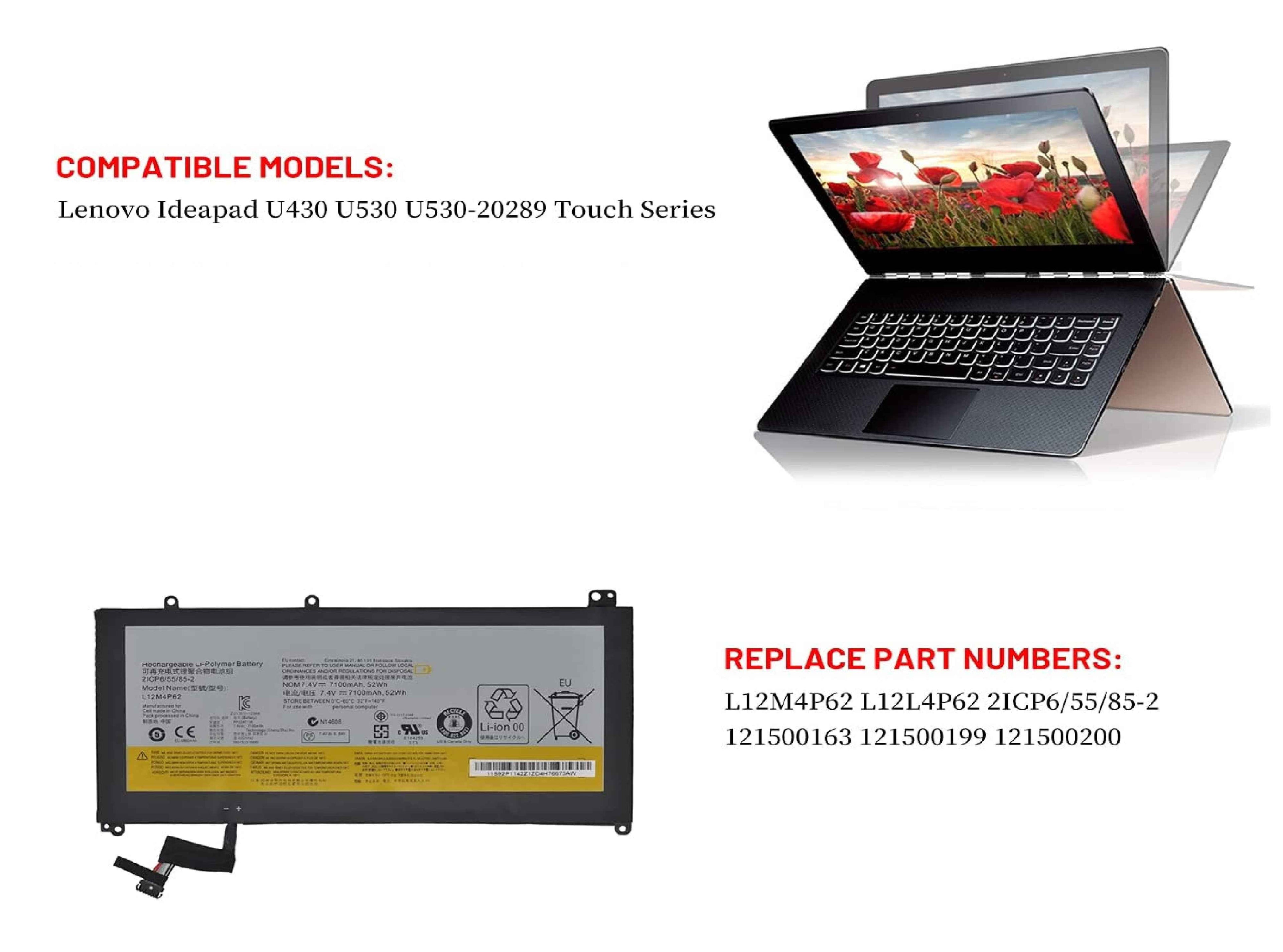 L12M4P62 L12L4P62 Laptop Battery for Lenovo Ideapad U430 U430P U530 U530-20289 Touch 121500199 121500200 121500163 2ICP6/55/85-2 7.4V 52Wh Laptop Batteries JS Bazar