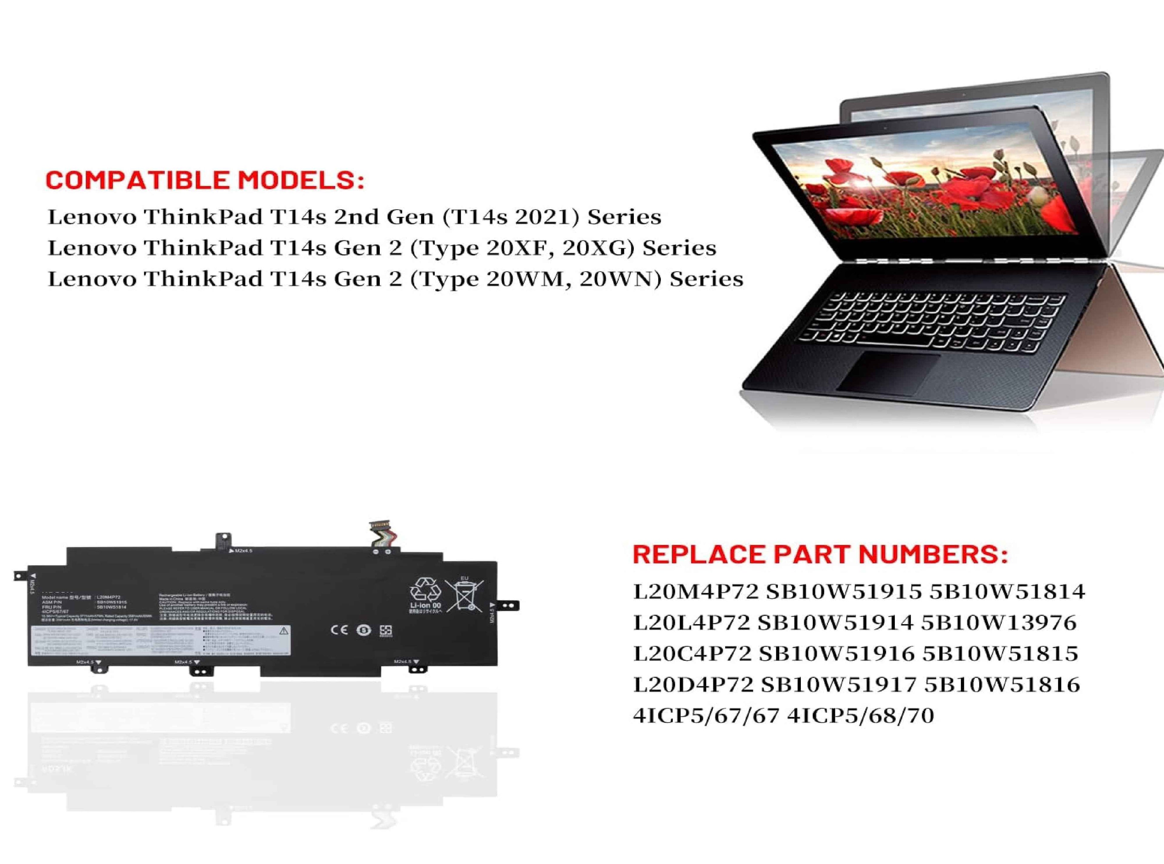 L20M4P72 L20C4P72 L20D4P72 L20L4P72 Laptop Battery for Lenovo ThinkPad T14s 2nd Gen2 2021 Series 5B10W51814 5B10W51815 5B10W51816 5B10W13976 SB10W51914 SB10W51915 SB10W51916 SB10W51917 15.36V 57Wh Laptop Batteries JS Bazar