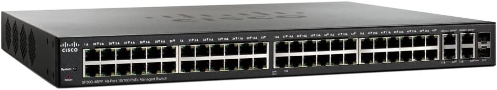 SF300-48PP - Cisco Small Business 300 Series Managed Switches, 48 10/100 PoE+ ports with 375W power budget, 2 10/100/1000 ports - 2 combo mini-GBIC ports