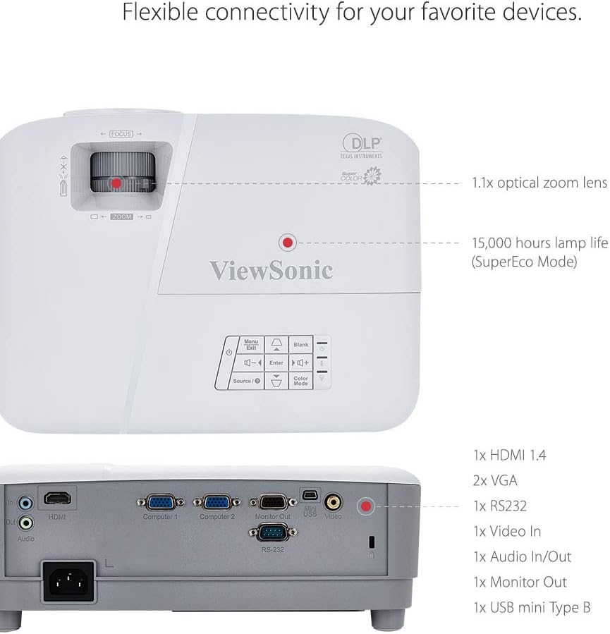 ViewSonic PA503X 3800-Lumen WXGA DLP Projector, 3D-Capable, 5Color Modes,VGA Output for Loop-Through, 2W Speaker, HDMI - JS Bazar