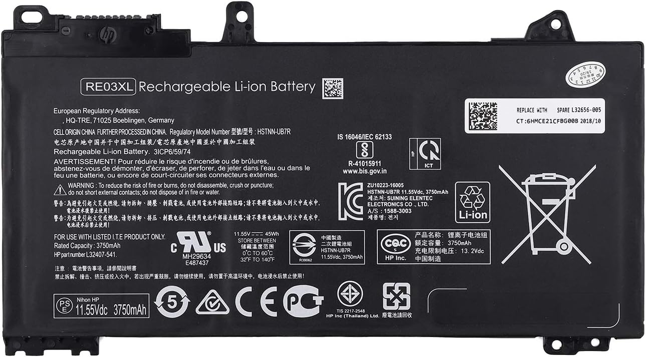 Original RE03XL Laptop Battery for HP ProBook 430 440 445 450 455R G6 430 440 445 450 G7 ZHAN 66 Pro 13 G2 14 G2 14 G3 15 G2 Series L32656-002 L32656-005 L32407-2C1 L32407-541 L32407-AC1 HSTNN-OB1C Laptop Batteries JS Bazar