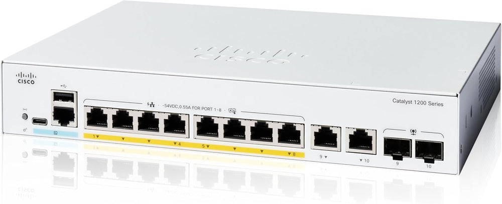 Cisco Catalyst 1200-8P-E-2G Smart Switch, 8 Port GE, PoE, Ext PS, 2x1GE Combo.