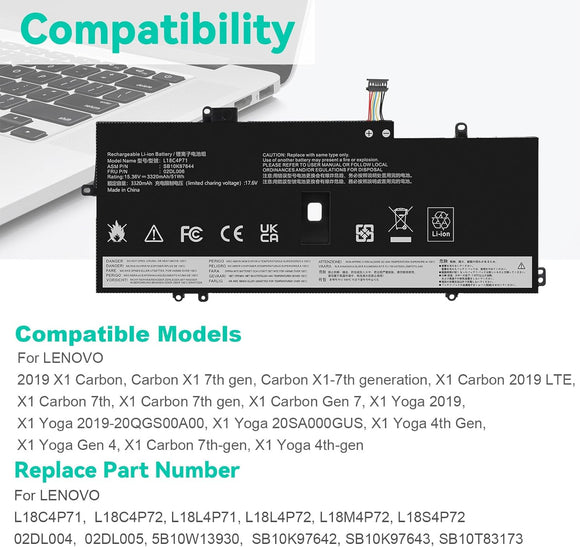 L18C4P71 L18M4P72 Battery for Lenovo Thinkpad X1 Carbon 7th Gen, X1 Carbon 8th Gen,ThinkPad X1 Yoga 4th/5th Gen Series 02DL004 02DL005 02DL006 L18L4P71 SB10K97644 SB10K97642 SB10K97643 SB10T83174 Laptop Batteries JS Bazar