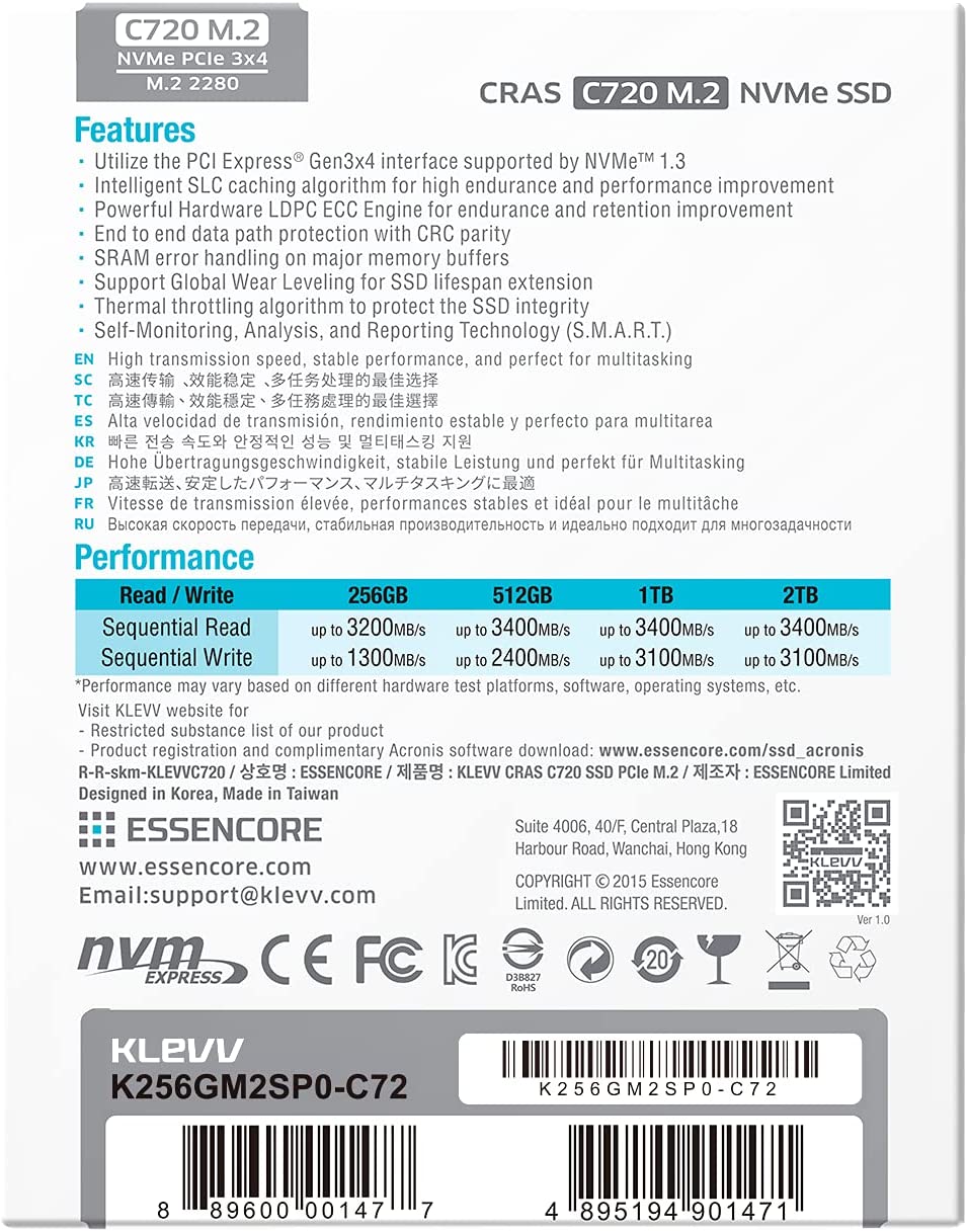 Klevv Cras C720 M.2 NVMe Internal Solid State Drive, PCle Gen3 x4, 2TB, 3D TLC Nand R/W, Up to 3400MB/s & 3100MB/s : K02TBM2SP0-C72 Hard Drives JS Bazar