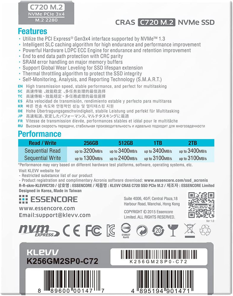 Klevv Cras C720 M.2 NVMe Internal Solid State Drive, PCle Gen3 x4, 2TB, 3D TLC Nand R/W, Up to 3400MB/s & 3100MB/s : K02TBM2SP0-C72 - JS Bazar