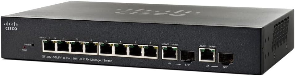 SF302-08MPP - Cisco Small Business 300 Series Managed Switches, 8 10/100 Maximum PoE+ ports with 124W power budget, 2 combo mini-GBIC ports