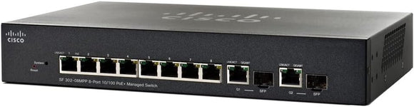 SF302-08 - Cisco Small Business 300 Series Managed Switches, 8 10/100 PoE+ ports with 62W power budget, 2 combo mini-GBIC ports -Used Networking Switches JS Bazar