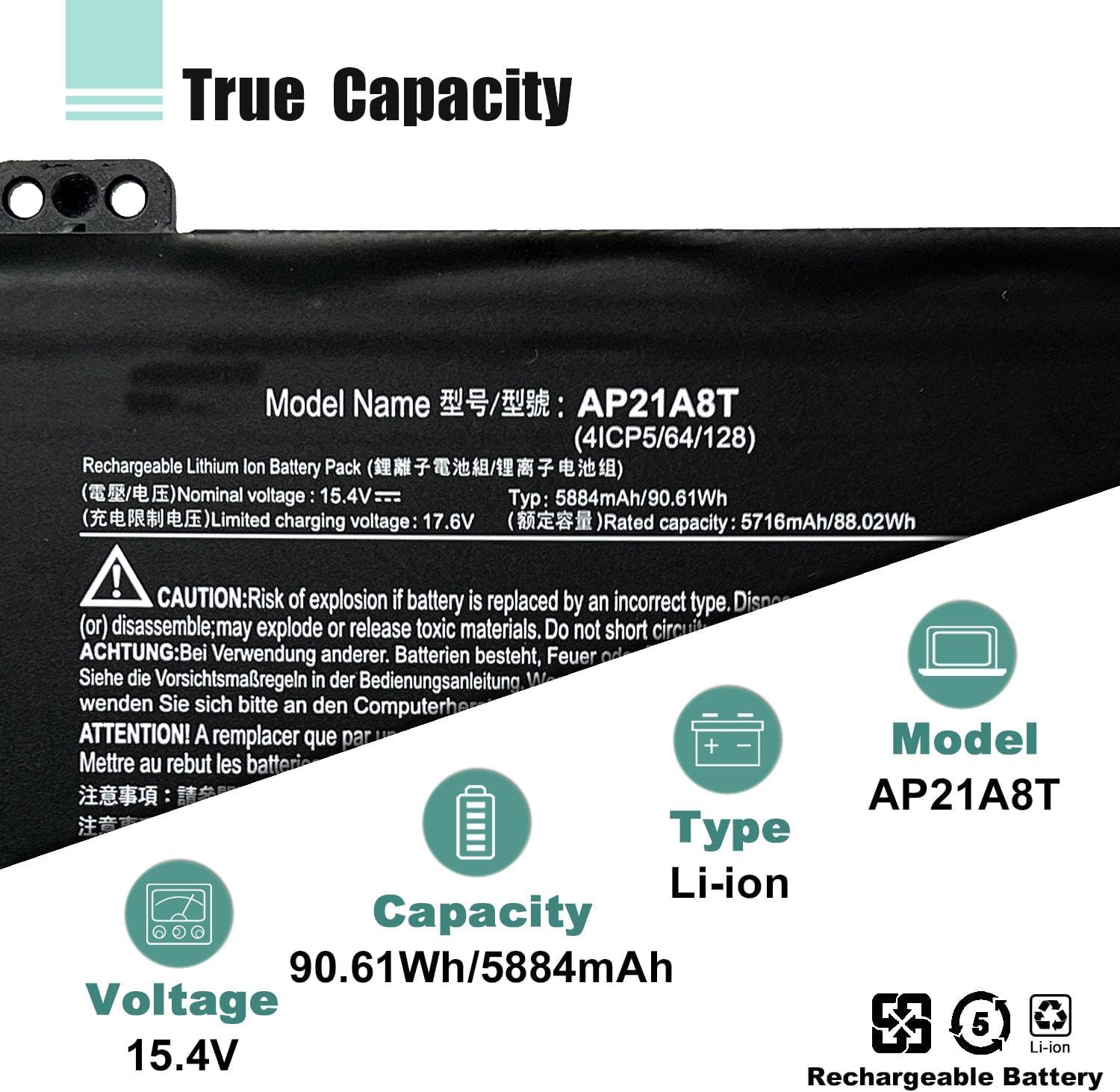 Battery AP21A8T Acer Laptop Battery for Acer Nitro 5 AP21A7T AP21A5T AN517-55-50NF AN517-55-72FC Laptop Batteries JS Bazar