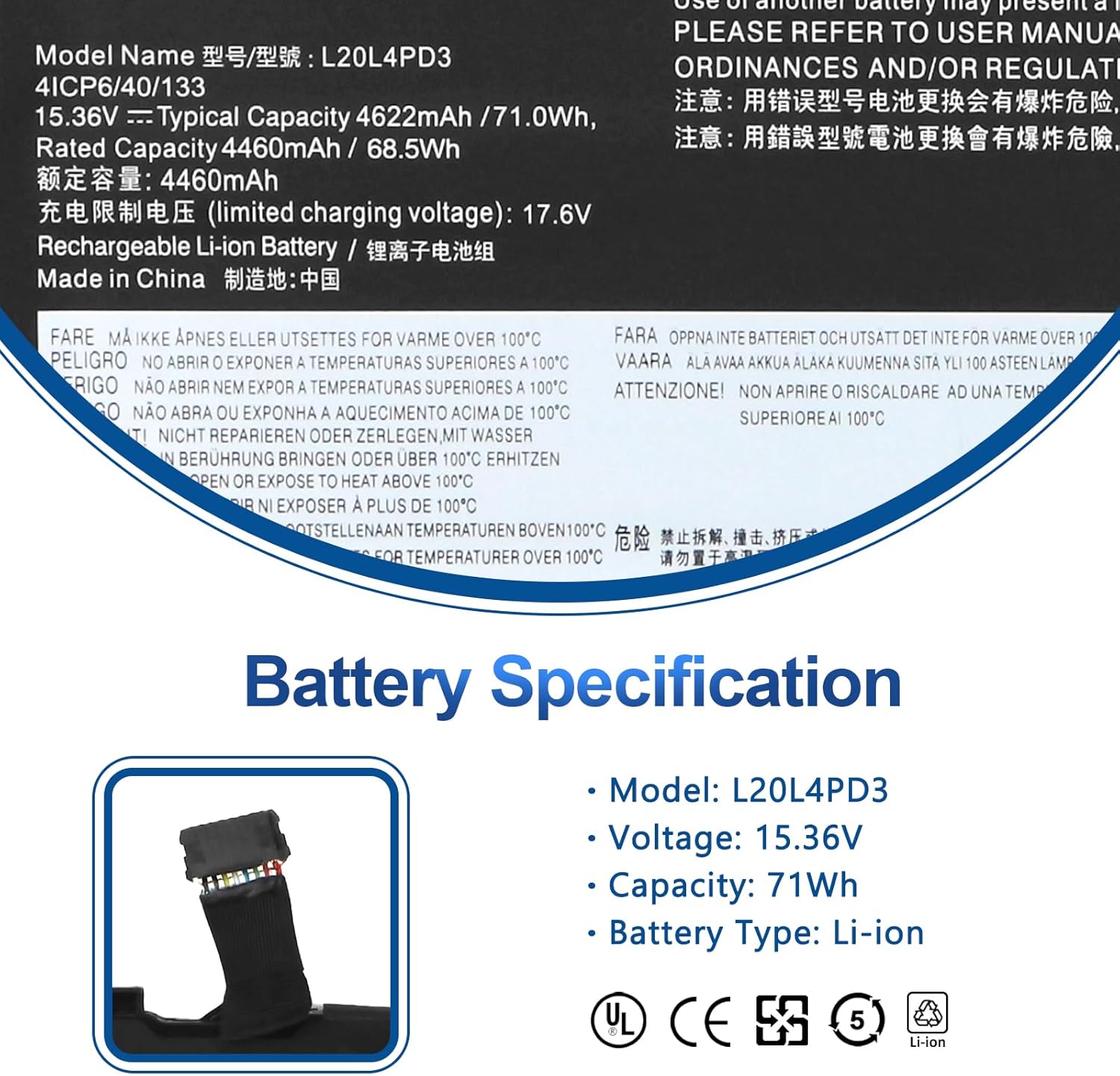 L20M4PD3 L20L4PD3 Original Lenovo Laptop Battery for Lenovo Legion S7-15ACH6 82K8 S7-16IAH7 82TF S7-16ARHA7 82UG,Slim 7 15ACH6 82K8 Gen 6 (15 inch) Gaming,ThinkBook 16p Gen 2 R9000X 2021R 20YM G3 ARH 21EK Laptop Battery Lenovo