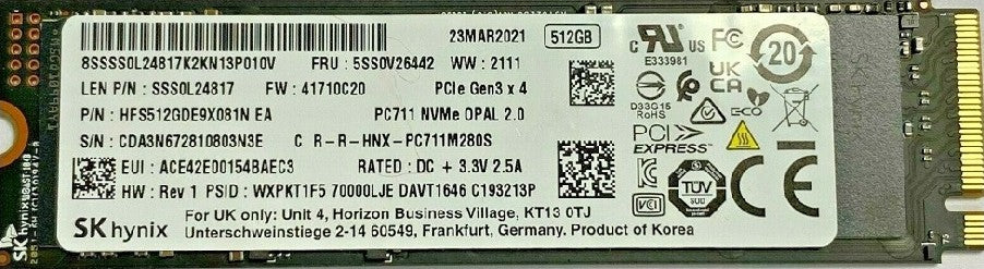 SK Hynix PC711 512GB Internal SSD, M.2 2280, PCIe Gen3 x4 NVMe Interface, OPAL 2.0, 3.3 V : HFS512GDE9X081N Hard Drives JS Bazar