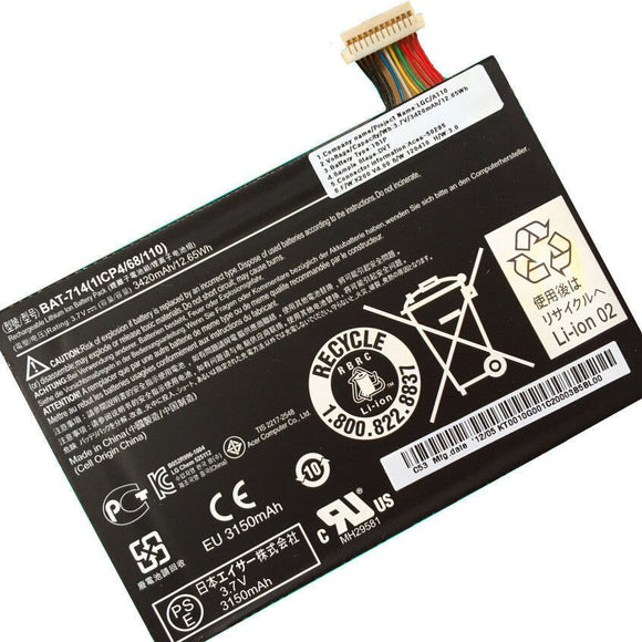 7.4V 3420mAh 12.65wh Replacement BAT-714 Acer Iconia Tab A110 Tablet PC KT0010G001 1ICP4/68/110 Replacement Laptop Battery