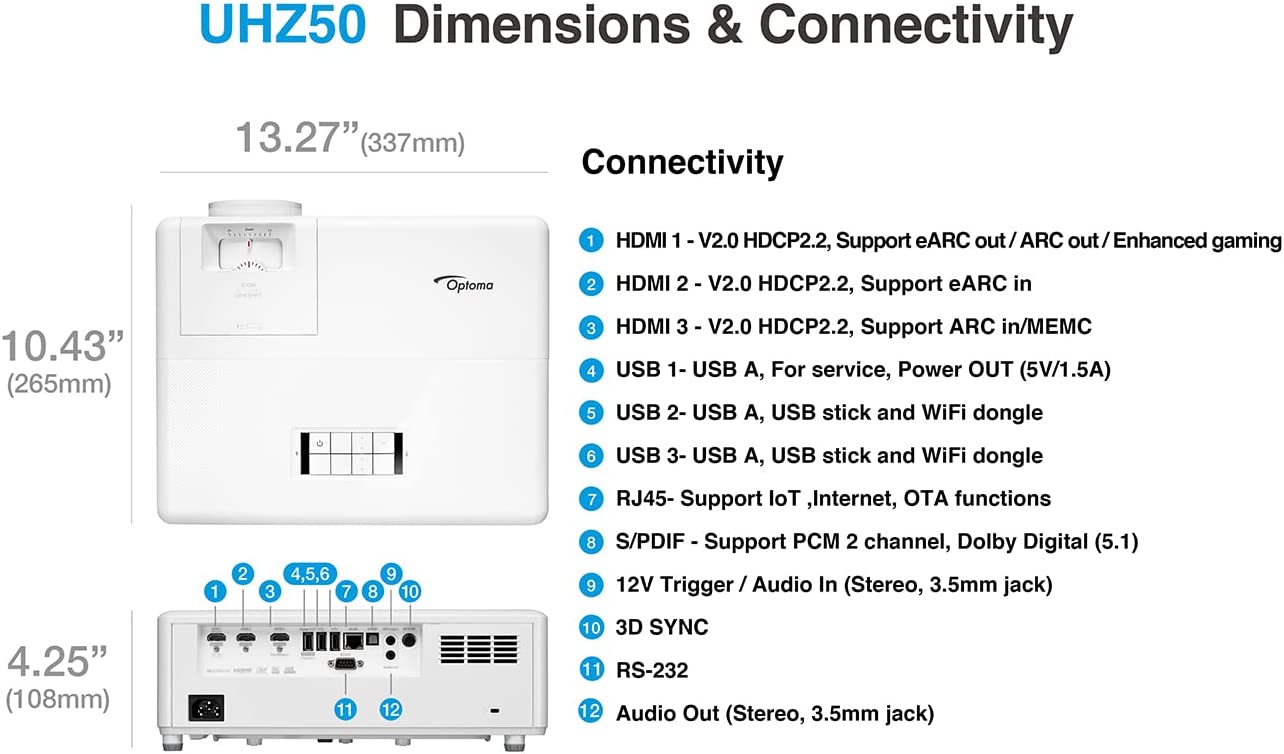Optoma UHZ50 Smart 4K UHD Laser Home Theater Projector Laser Light Source (E9PV7JL01EZ1) Projectors JS Bazar