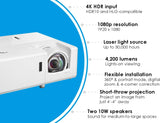 Optoma ZH406 Short Throw FHD Laser Projector, Dura Core Laser Technology, High Bright 4200 Lumens.