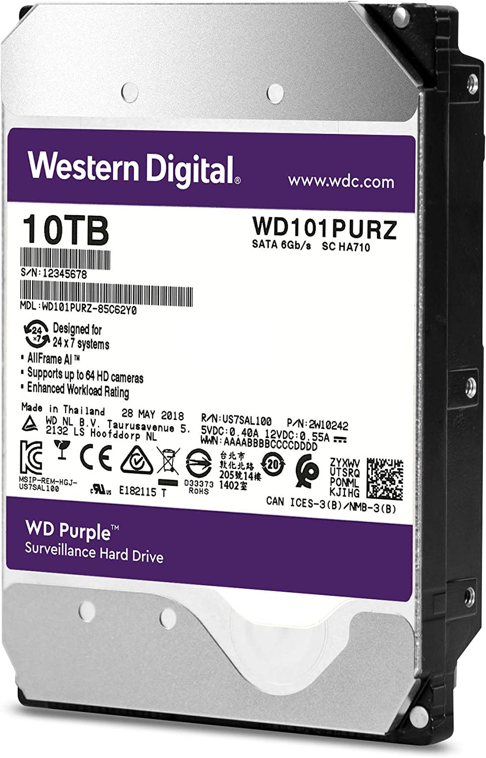 WD 10TB Surveillance Internal Hard Drive - 7200 RPM Class, SATA 6 Gb/s, 265 MB Cache, Purple : WD102PURZ Hard Drives JS Bazar