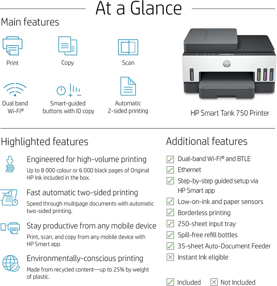 HP Smart Tank 750 Wi Fi Duplexer All-in-One Printer : 6UU47A - JS Bazar