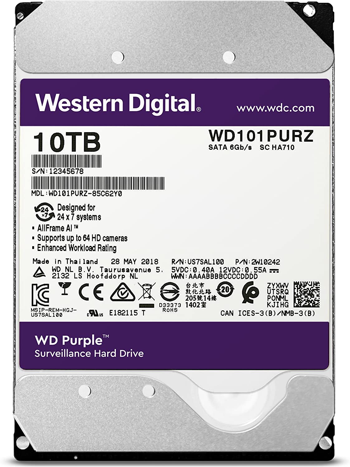WD 10TB Surveillance Internal Hard Drive - 7200 RPM Class, SATA 6 Gb/s, 265 MB Cache, Purple : WD102PURZ Hard Drives JS Bazar
