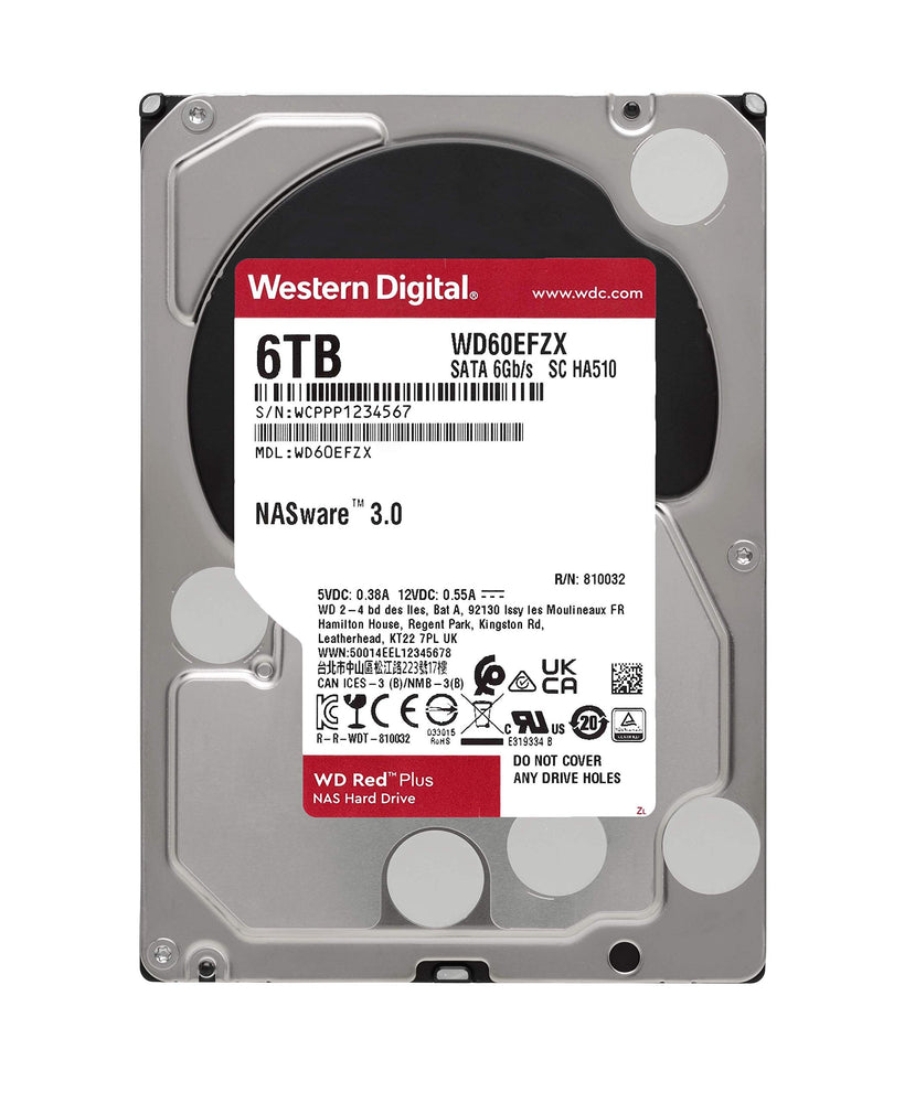 Western Digital 6TB WD Red Plus NAS Internal Hard Drive HDD, 5700 RPM, SATA 6 Gb/s, CMR, 128 MB Cache, 3.5