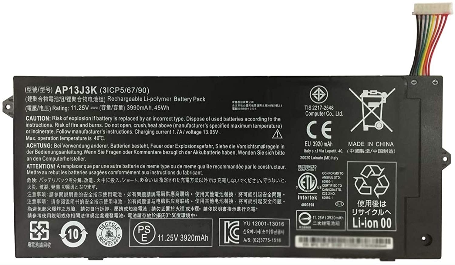 AP13J3K Acer Laptop Battery for Acer Chromebook 11.6" 11 C740 C720 C720P Series Notebook AP13J4K KT.00304.001 KT.00303.001 (11.4V 45Wh/3990mAh) Laptop Batteries JS Bazar